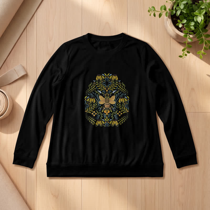 Olivenorma Soft Cotton Blend Bee Floral Print Women's Long Sleeve Shirt - Black - 2XL - image 3