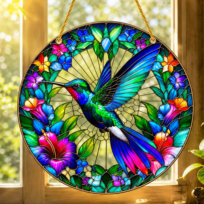 Olivenorma Hummingbird Botanical Spiritual Symbol Stained Glass Sun Catcher - image 1