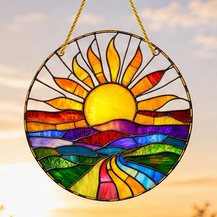 Olivenorma Sunrise Over Hills Celestial Symbol Stained Glass Sun Catcher - image 2