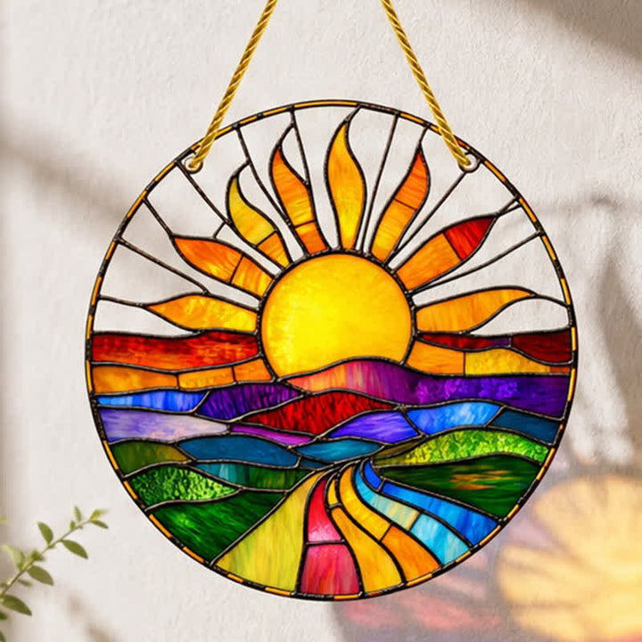 Olivenorma Sunrise Over Hills Celestial Symbol Stained Glass Sun Catcher - image 1