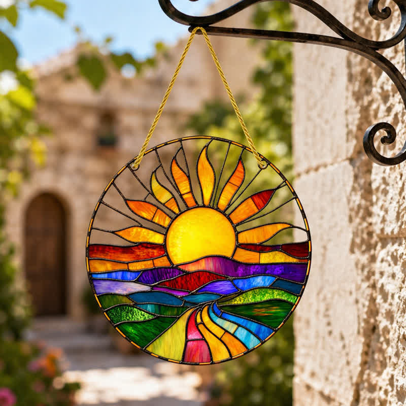 Olivenorma Sunrise Over Hills Celestial Symbol Stained Glass Sun Catcher - image 4