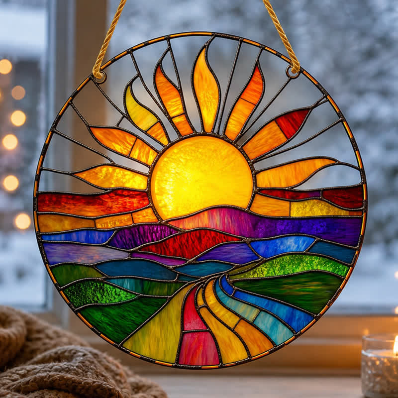 Olivenorma Sunrise Over Hills Celestial Symbol Stained Glass Sun Catcher - image 3