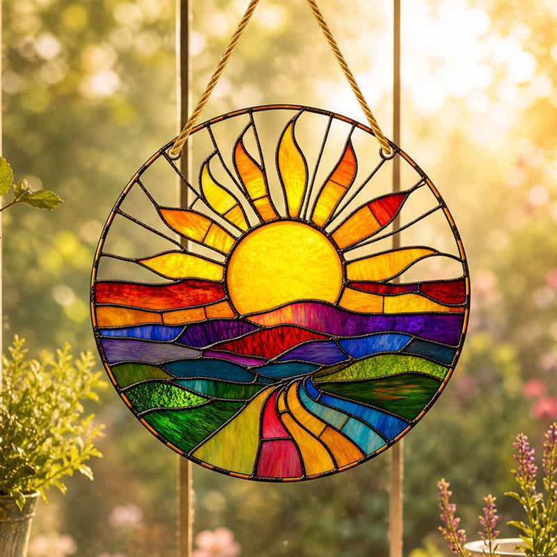 Olivenorma Sunrise Over Hills Celestial Symbol Stained Glass Sun Catcher - image 5