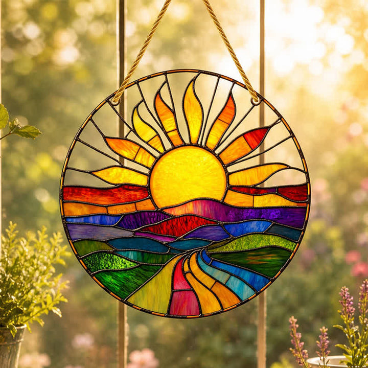 Olivenorma Sunrise Over Hills Celestial Symbol Stained Glass Sun Catcher - image 5