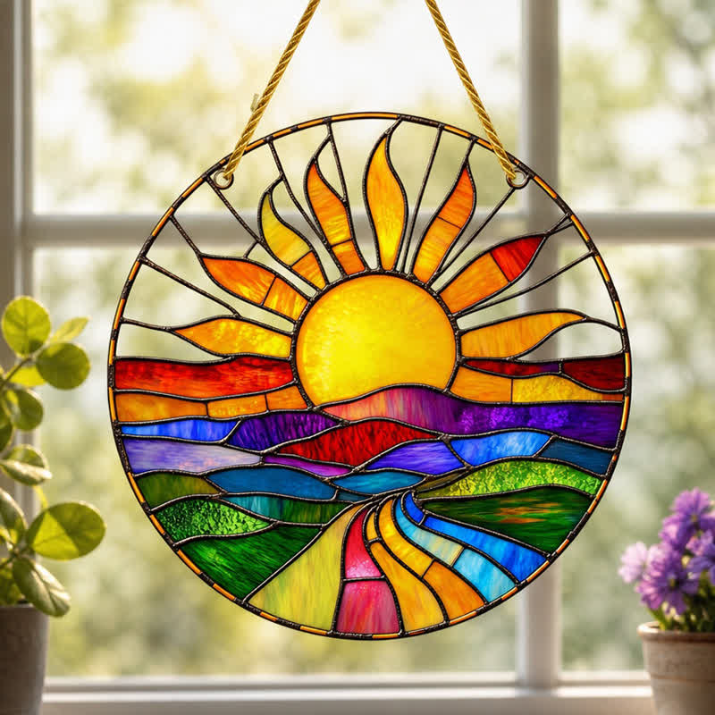 Olivenorma Sunrise Over Hills Celestial Symbol Stained Glass Sun Catcher - 30cm - image 0