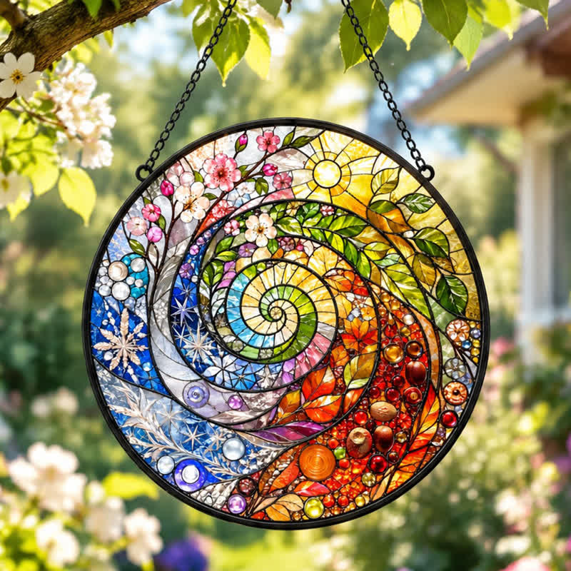 Olivenorma Four Seasons Wheel of Year Spiral Nature Symbol Stained Glass Sun Catcher - 30cm - image 0