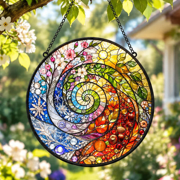Olivenorma Four Seasons Wheel of Year Spiral Nature Symbol Stained Glass Sun Catcher - 30cm - image 0