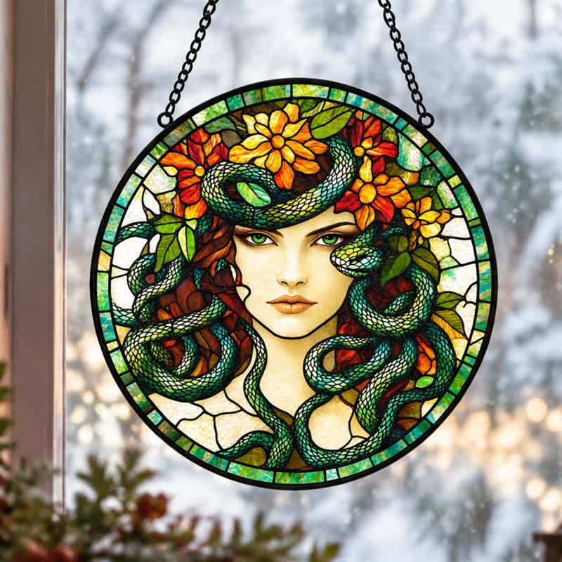 Olivenorma Medusa Divine Feminine Serpent Floral Symbol Stained Glass Sun Catcher - image 3