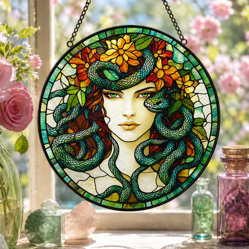 Olivenorma Medusa Divine Feminine Serpent Floral Symbol Stained Glass Sun Catcher - image 1