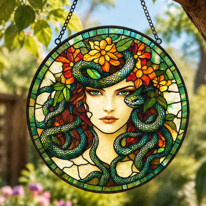 Olivenorma Medusa Divine Feminine Serpent Floral Symbol Stained Glass Sun Catcher - image 4