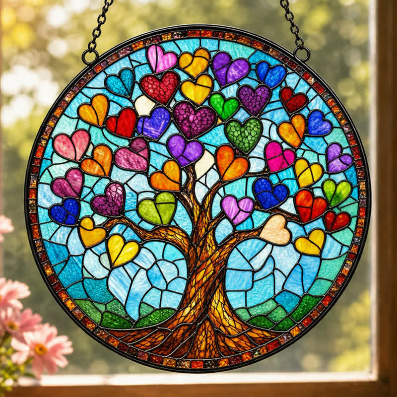 Olivenorma Tree of Life Colorful Heart Leaves Stained Glass Sun Catcher - 30cm - image 0