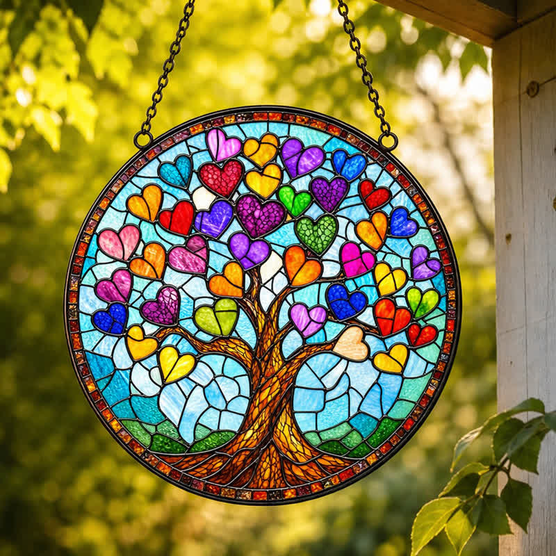 Olivenorma Tree of Life Colorful Heart Leaves Stained Glass Sun Catcher - image 4