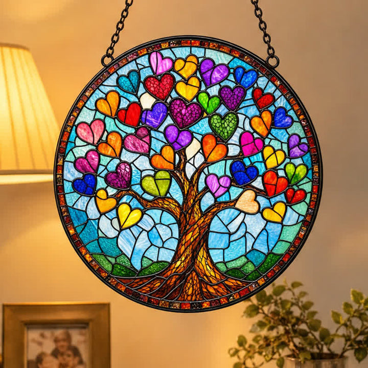 Olivenorma Tree of Life Colorful Heart Leaves Stained Glass Sun Catcher - image 1