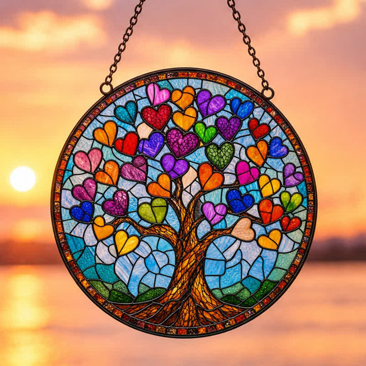 Olivenorma Tree of Life Colorful Heart Leaves Stained Glass Sun Catcher - image 2