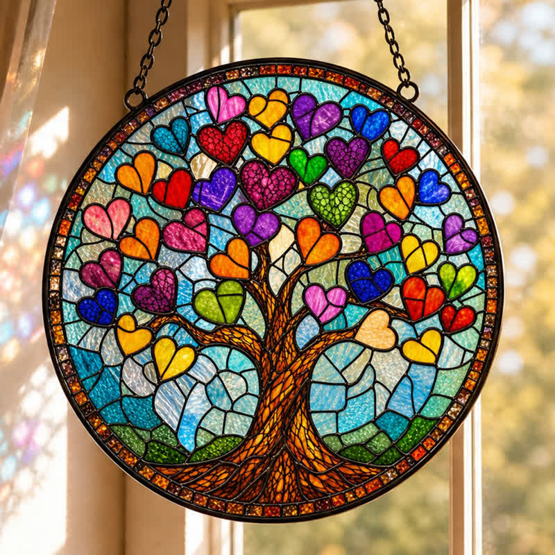 Olivenorma Tree of Life Colorful Heart Leaves Stained Glass Sun Catcher - image 3