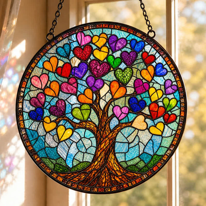 Olivenorma Tree of Life Colorful Heart Leaves Stained Glass Sun Catcher - image 3