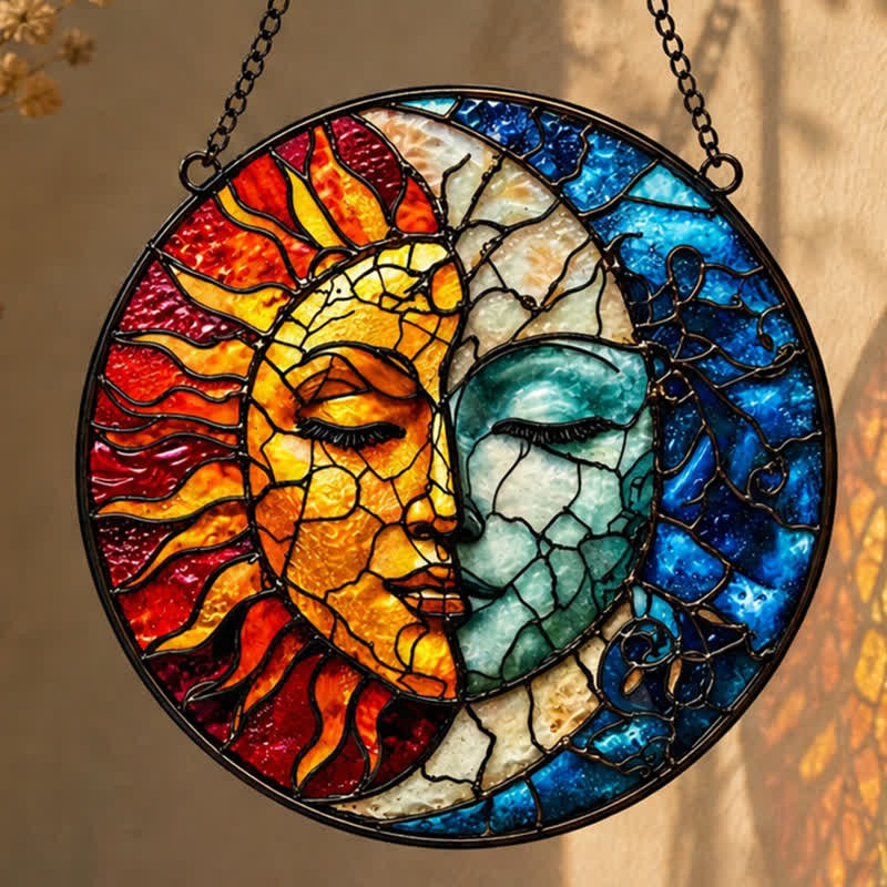Olivenorma Sun Moon Conjoined Face Celestial Duality Stained Glass Sun Catcher - image 1