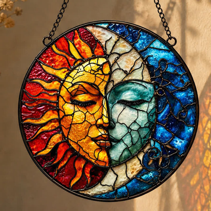 Olivenorma Sun Moon Conjoined Face Celestial Duality Stained Glass Sun Catcher - image 1