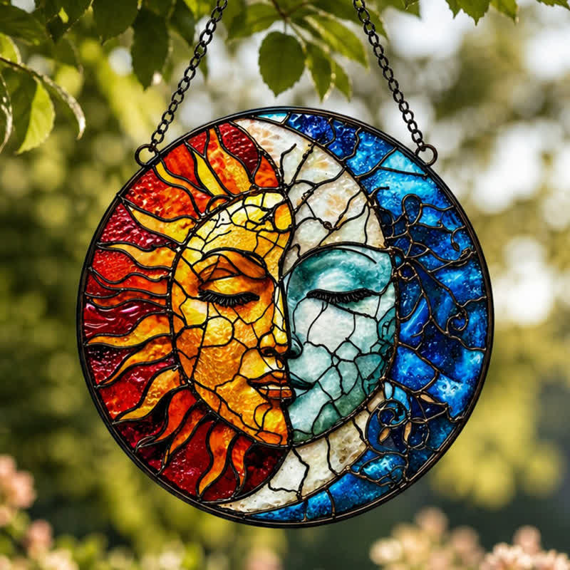 Olivenorma Sun Moon Conjoined Face Celestial Duality Stained Glass Sun Catcher - image 2