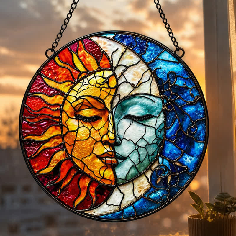 Olivenorma Sun Moon Conjoined Face Celestial Duality Stained Glass Sun Catcher - 30cm - image 0