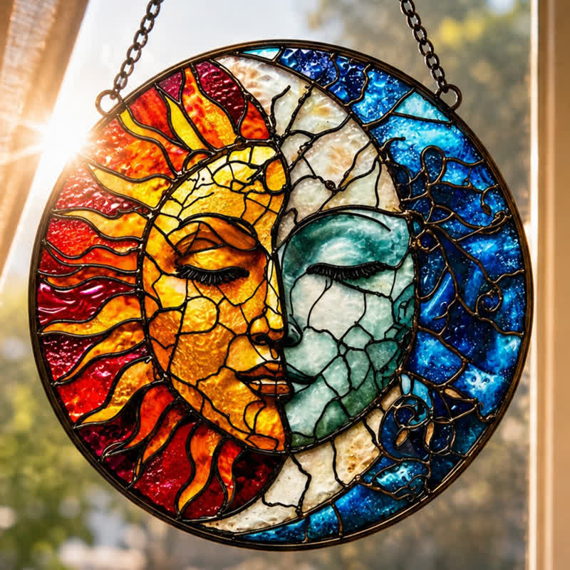 Olivenorma Sun Moon Conjoined Face Celestial Duality Stained Glass Sun Catcher - image 3