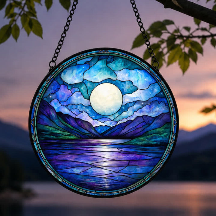 Olivenorma Full Moon Mountain Lake Nightscape Stained Glass Sun Catcher - image 2