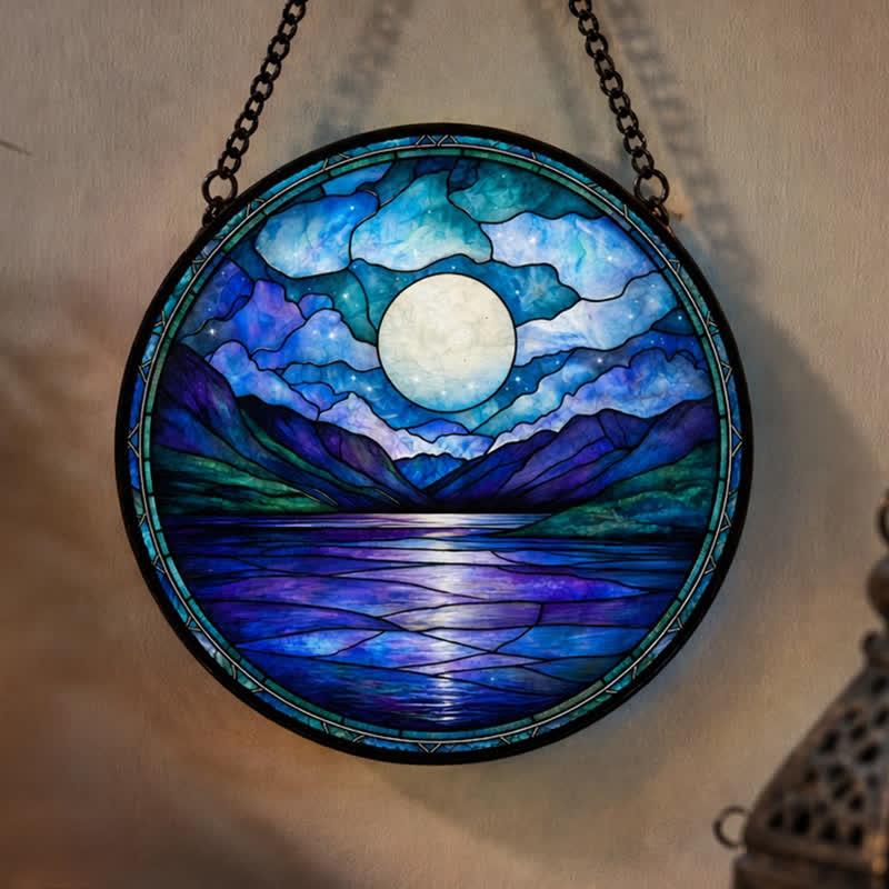 Olivenorma Full Moon Mountain Lake Nightscape Stained Glass Sun Catcher - image 1