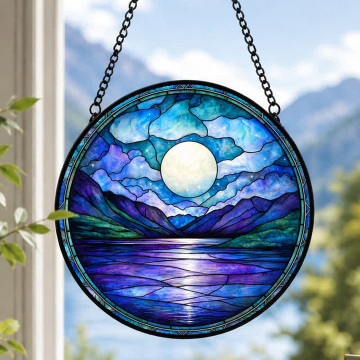 Olivenorma Full Moon Mountain Lake Nightscape Stained Glass Sun Catcher - 30cm - image 0