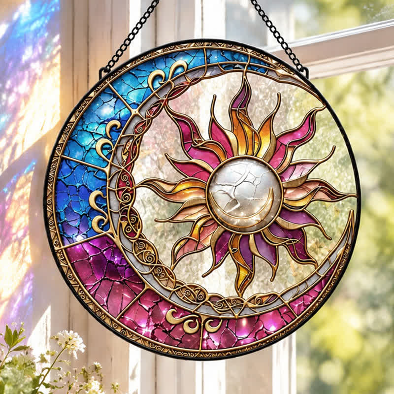 Olivenorma Sun Moon Celestial Duality Spiritual Stained Glass Sun Catcher - 30cm - image 0