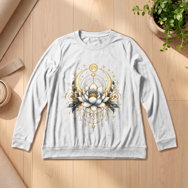 Olivenorma Soft Blend Lotus Moon Star Bead Celestial Print Women's Long Sleeve Shirt - White - 2XL - image 3