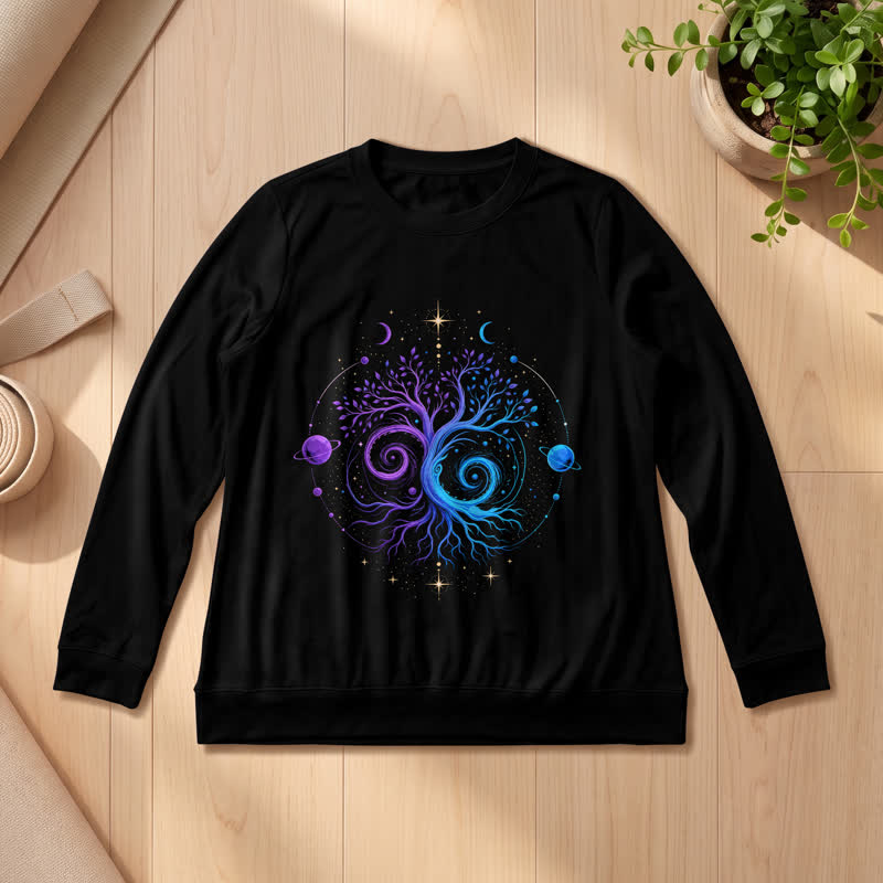 Olivenorma Soft Blend Yin Yang Tree of Life Cosmic Planet Print Women's Long Sleeve Shirt - Black - 2XL - image 6