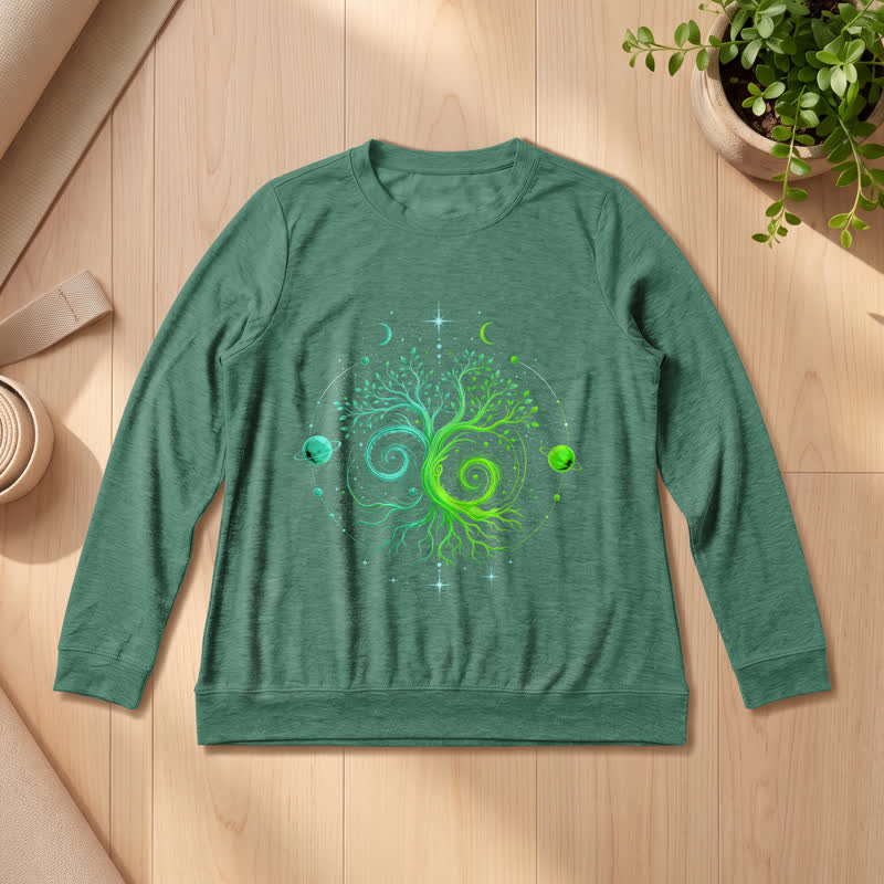 Olivenorma Soft Blend Yin Yang Tree of Life Cosmic Planet Print Women's Long Sleeve Shirt - Vintage Green - 2XL - image 0