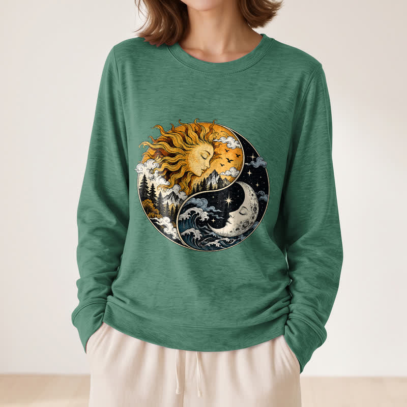 Olivenorma Soft Blend Vintage Sun Moon Yin Yang Graphic Print Women's Long Sleeve Shirt - image 23