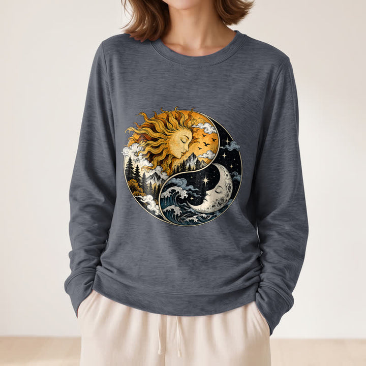 Olivenorma Soft Blend Vintage Sun Moon Yin Yang Graphic Print Women's Long Sleeve Shirt - image 14