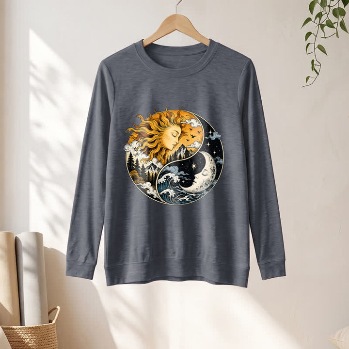 Olivenorma Soft Blend Vintage Sun Moon Yin Yang Graphic Print Women's Long Sleeve Shirt - image 13