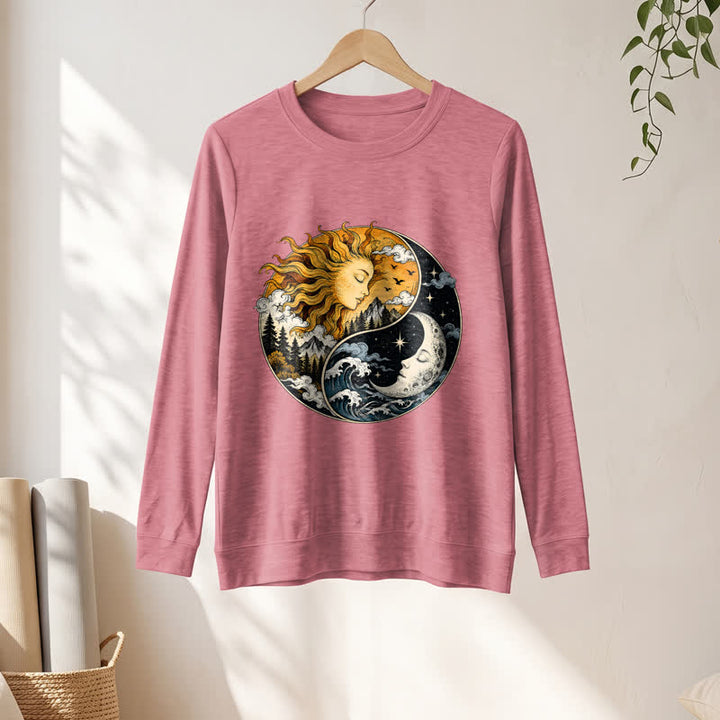 Olivenorma Soft Blend Vintage Sun Moon Yin Yang Graphic Print Women's Long Sleeve Shirt - image 1