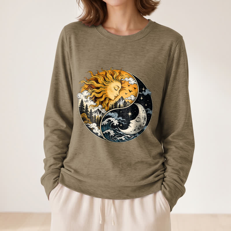 Olivenorma Soft Blend Vintage Sun Moon Yin Yang Graphic Print Women's Long Sleeve Shirt - image 26