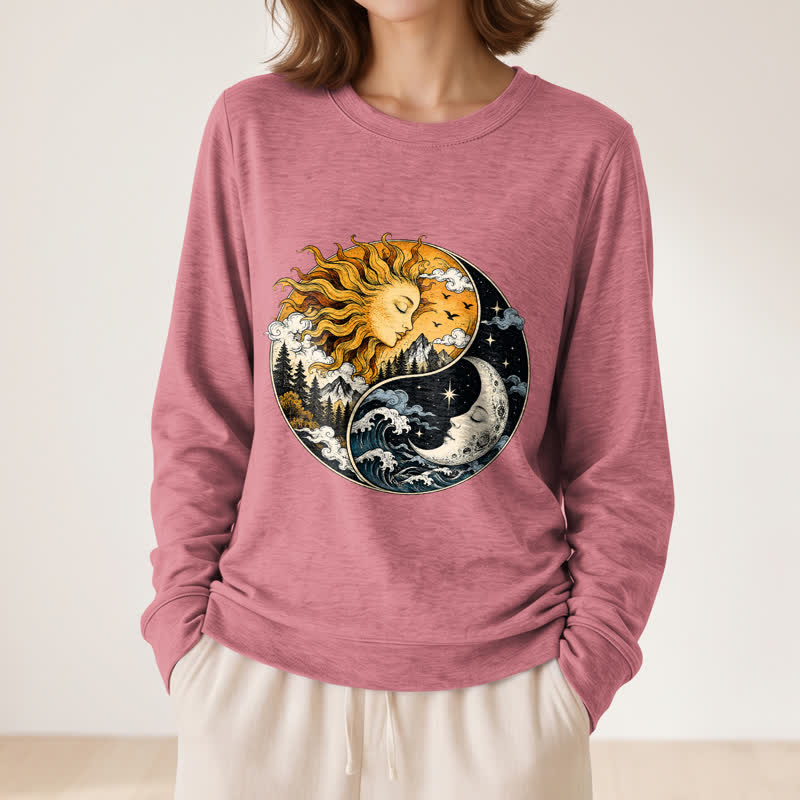 Olivenorma Soft Blend Vintage Sun Moon Yin Yang Graphic Print Women's Long Sleeve Shirt - image 2