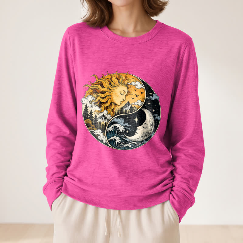 Olivenorma Soft Blend Vintage Sun Moon Yin Yang Graphic Print Women's Long Sleeve Shirt - image 20