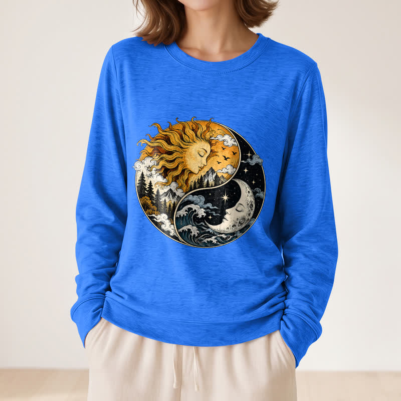 Olivenorma Soft Blend Vintage Sun Moon Yin Yang Graphic Print Women's Long Sleeve Shirt - image 17