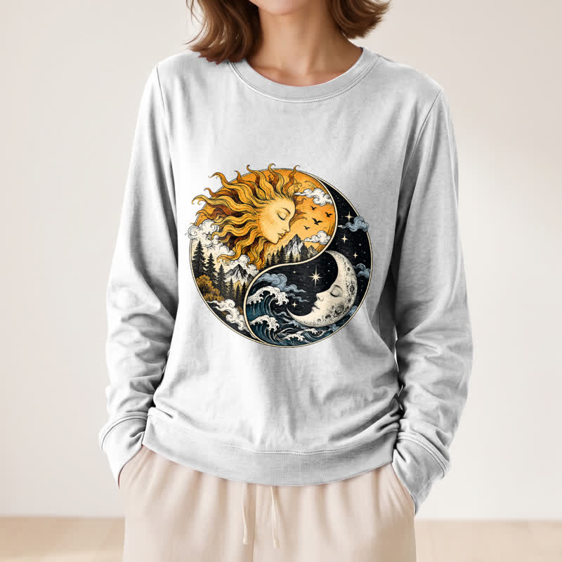 Olivenorma Soft Blend Vintage Sun Moon Yin Yang Graphic Print Women's Long Sleeve Shirt - image 5
