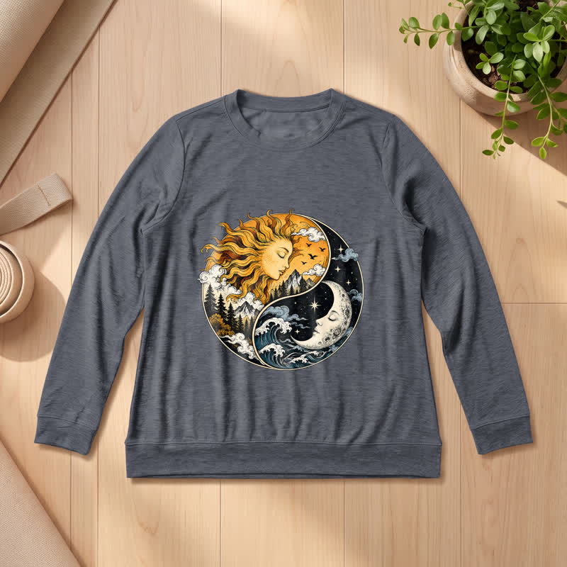 Olivenorma Soft Blend Vintage Sun Moon Yin Yang Graphic Print Women's Long Sleeve Shirt - Heather Gray - 2XL - image 12