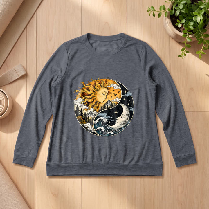 Olivenorma Soft Blend Vintage Sun Moon Yin Yang Graphic Print Women's Long Sleeve Shirt - Heather Gray - 2XL - image 12