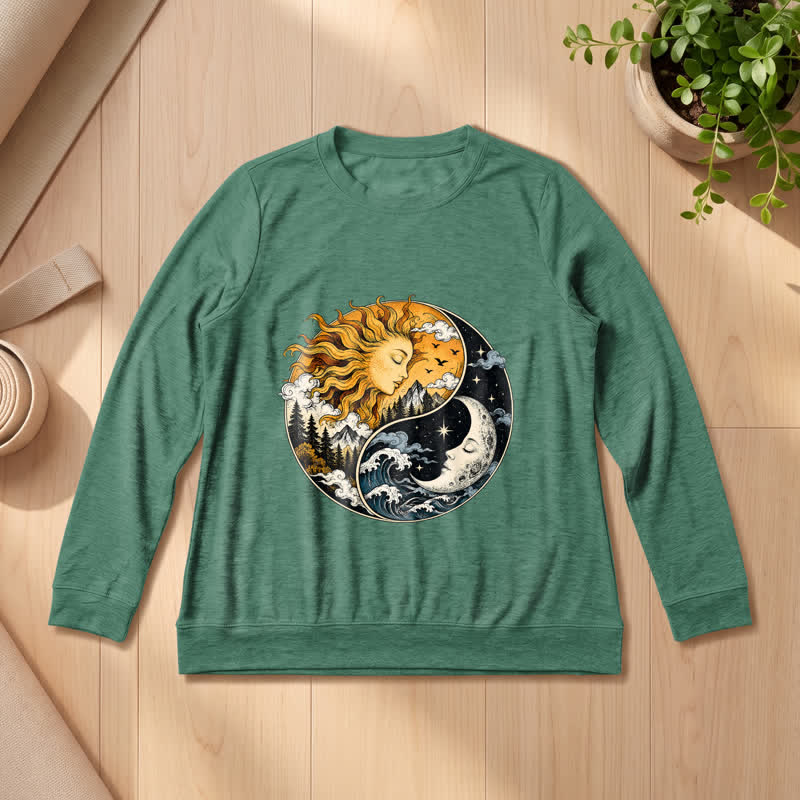 Olivenorma Soft Blend Vintage Sun Moon Yin Yang Graphic Print Women's Long Sleeve Shirt - Vintage Green - 2XL - image 21