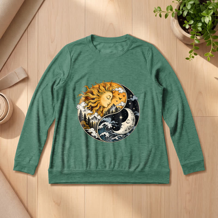 Olivenorma Soft Blend Vintage Sun Moon Yin Yang Graphic Print Women's Long Sleeve Shirt - Vintage Green - 2XL - image 21