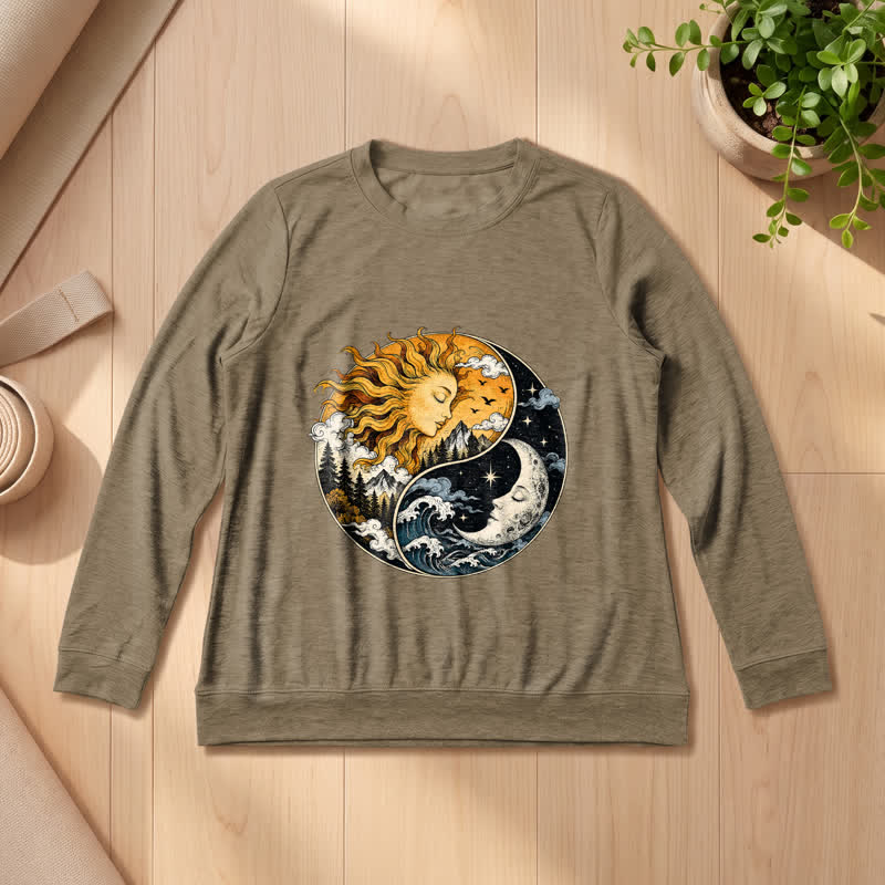 Olivenorma Soft Blend Vintage Sun Moon Yin Yang Graphic Print Women's Long Sleeve Shirt - Coffee - 2XL - image 24