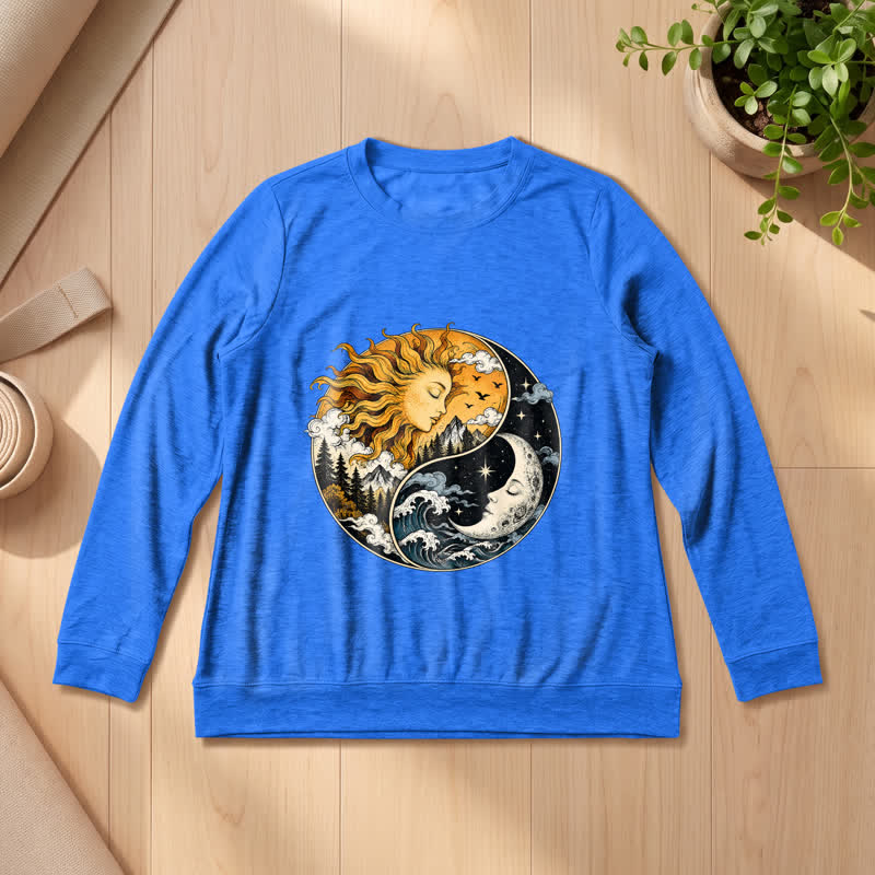 Olivenorma Soft Blend Vintage Sun Moon Yin Yang Graphic Print Women's Long Sleeve Shirt - Vintage Blue - 2XL - image 15