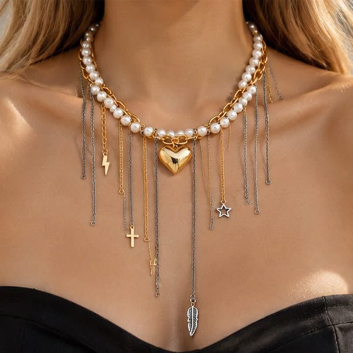Olivenorma Whimsigoth Baroque Layered Tassel Imitation Pearl & Metal Chain Necklace - Multicolor - image 10