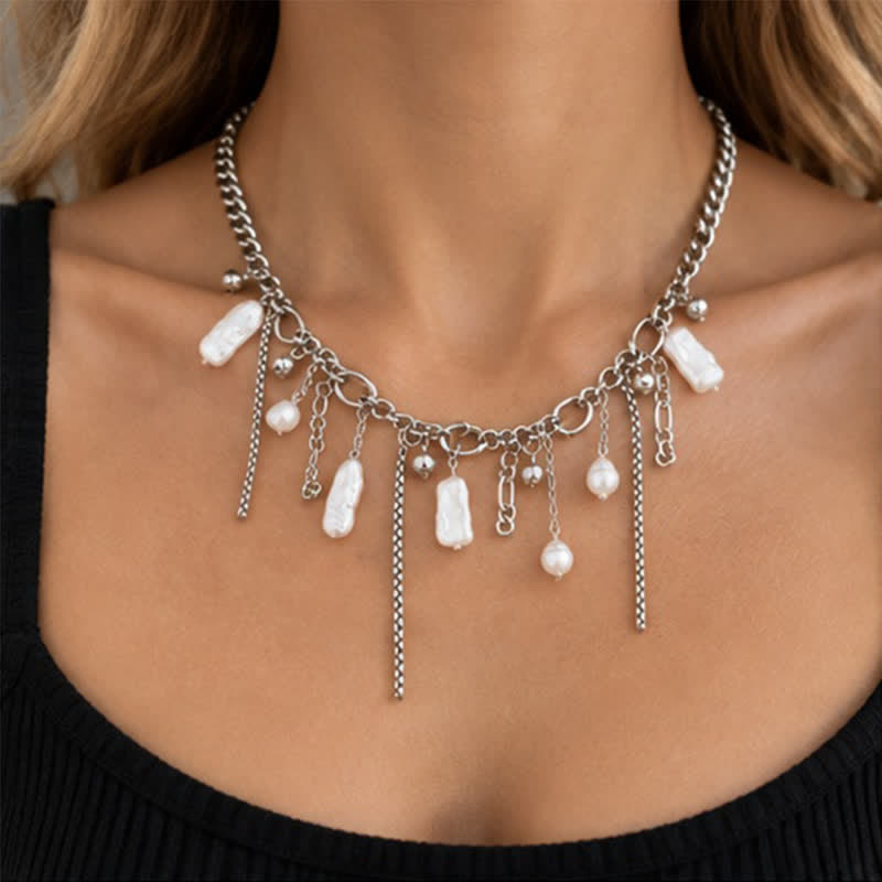 Olivenorma Whimsigoth Baroque Layered Tassel Imitation Pearl & Metal Chain Necklace - image 5