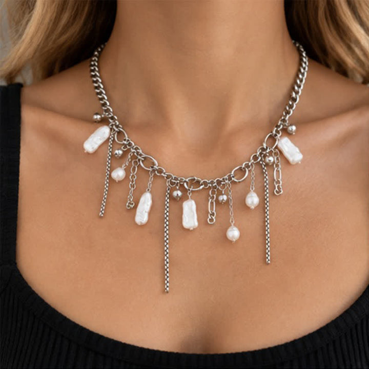 Olivenorma Whimsigoth Baroque Layered Tassel Imitation Pearl & Metal Chain Necklace - image 5